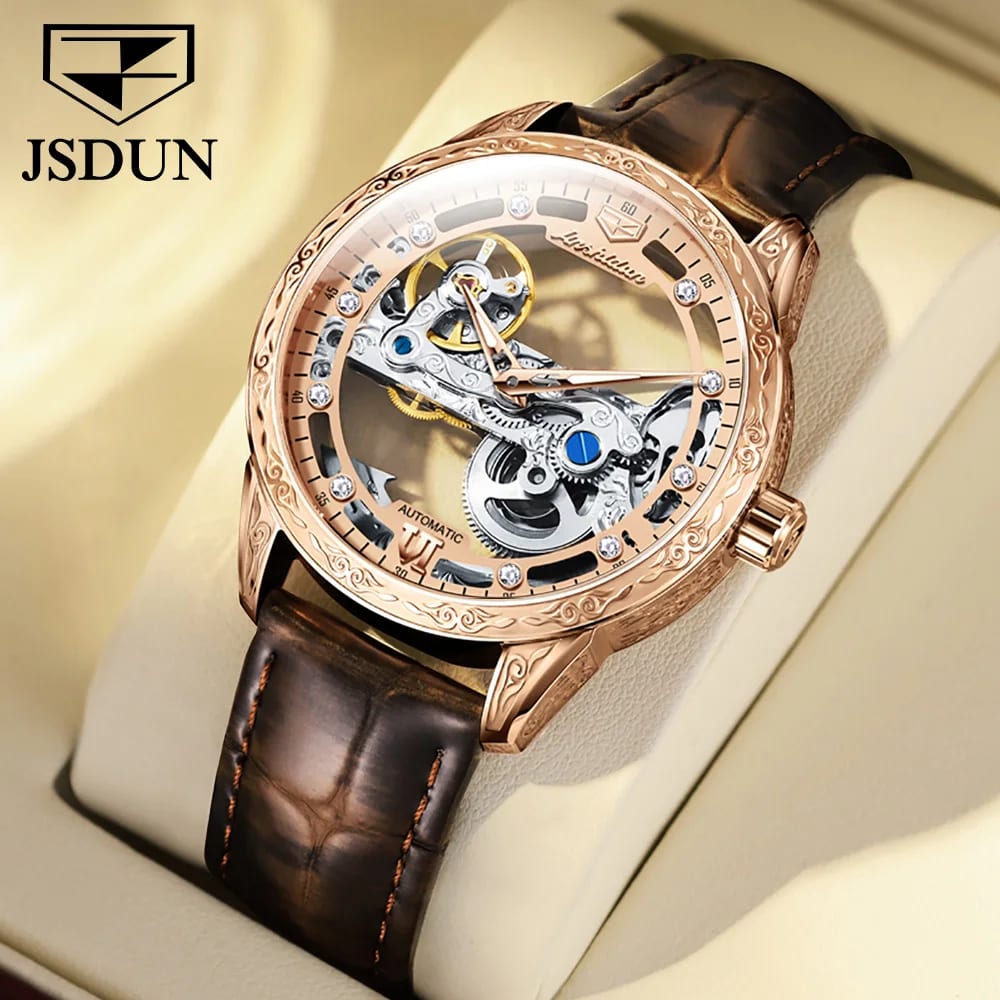 JSDUN Rose Gold Skeleton Luxury Men Automatic Watch